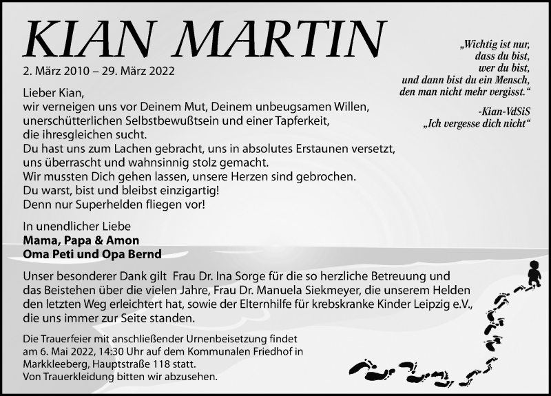  Traueranzeige für Kian Martin vom 30.04.2022 aus Leipziger Volkszeitung