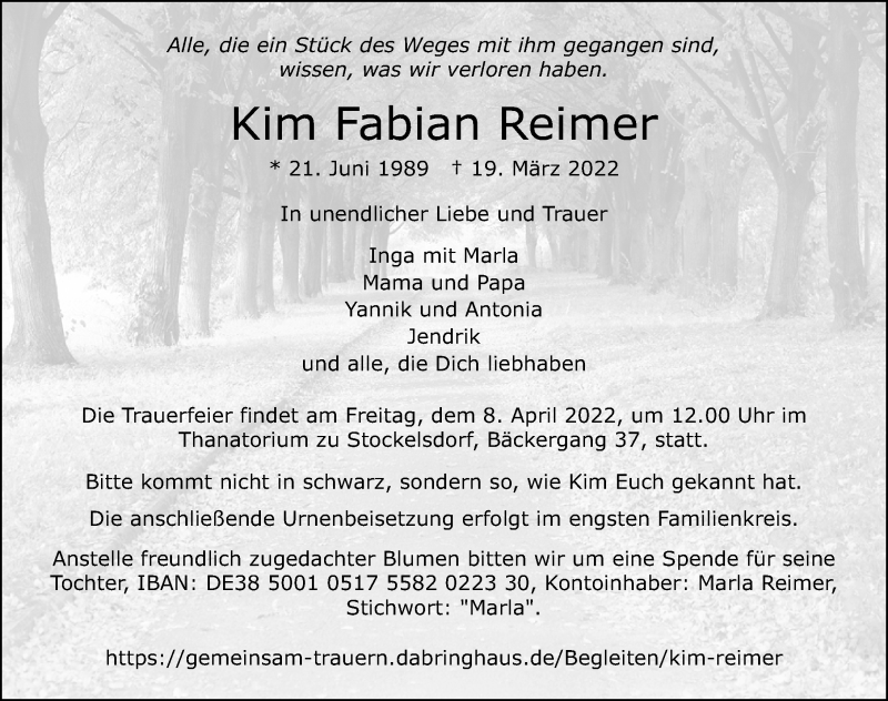  Traueranzeige für Kim Fabian Reimer vom 03.04.2022 aus Lübecker Nachrichten