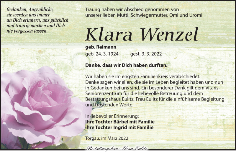  Traueranzeige für Klara Wenzel vom 09.04.2022 aus Torgauer Zeitung