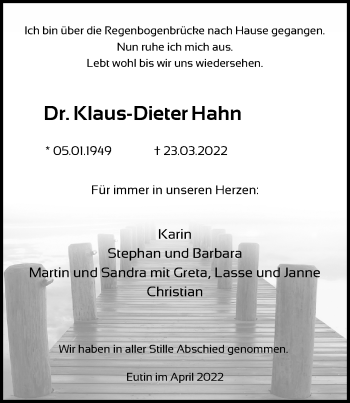 Traueranzeige von Klaus-Dieter Hahn von Lübecker Nachrichten