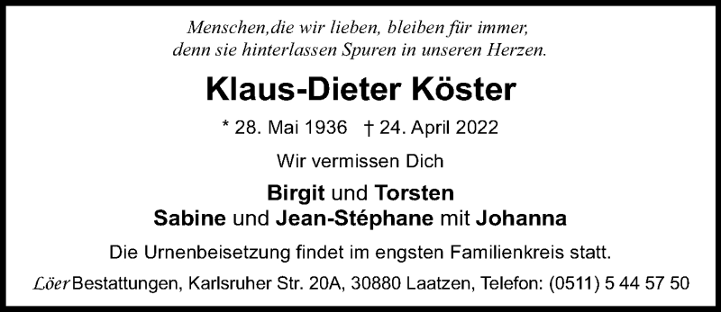  Traueranzeige für Klaus-Dieter Köster vom 30.04.2022 aus Hannoversche Allgemeine Zeitung/Neue Presse