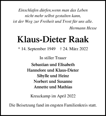 Traueranzeige von Klaus-Dieter Raak von Lübecker Nachrichten