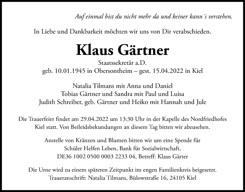 Traueranzeige für Klaus Gärtner vom 23.04.2022 aus Kieler Nachrichten