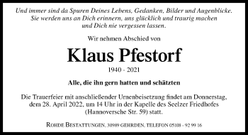 Traueranzeige von Klaus Pfestorf von Hannoversche Allgemeine Zeitung/Neue Presse