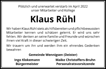 Traueranzeige von Klaus Rühl von Hannoversche Allgemeine Zeitung/Neue Presse