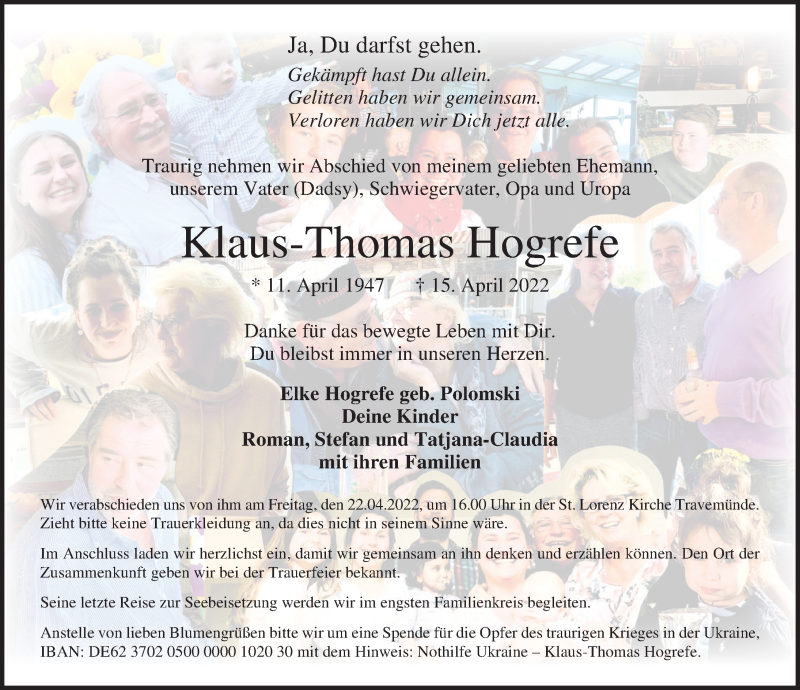  Traueranzeige für Klaus-Thomas Hogrefe vom 20.04.2022 aus Lübecker Nachrichten