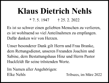 Traueranzeige von Klaus Dietrich Nehls von Ostsee-Zeitung GmbH