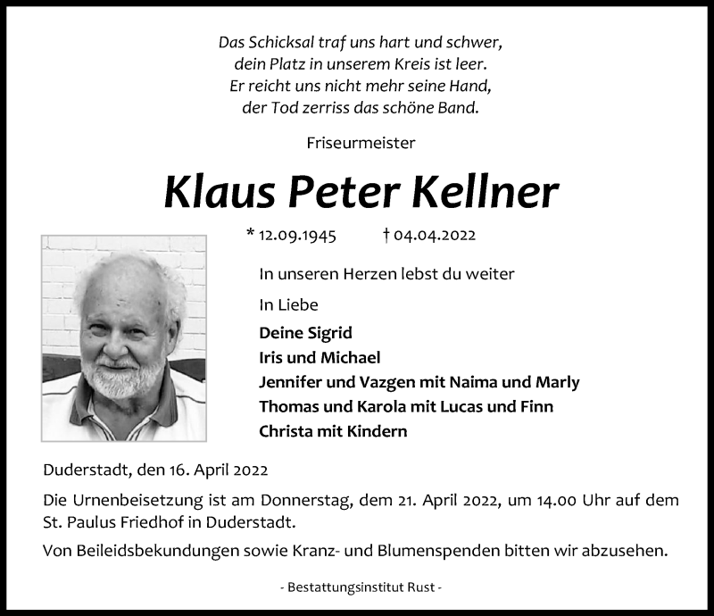  Traueranzeige für Klaus Peter Kellner vom 16.04.2022 aus Eichsfelder Tageblatt