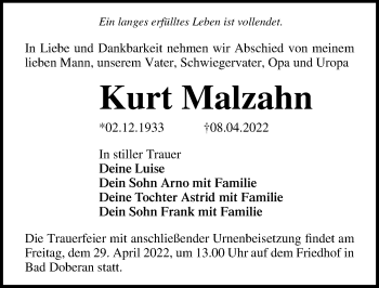 Traueranzeige von Kurt Malzahn von Ostsee-Zeitung GmbH