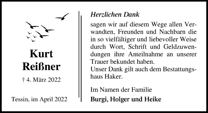  Traueranzeige für Kurt Reißner vom 16.04.2022 aus Ostsee-Zeitung GmbH