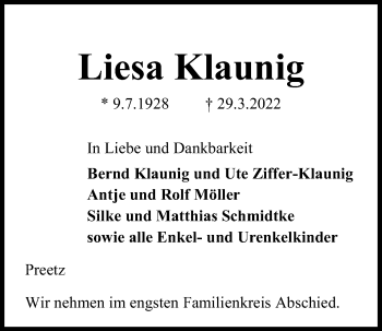 Traueranzeige von Liesa Klaunig von Kieler Nachrichten