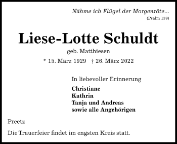 Traueranzeige von Liese-Lotte Schuldt von Kieler Nachrichten