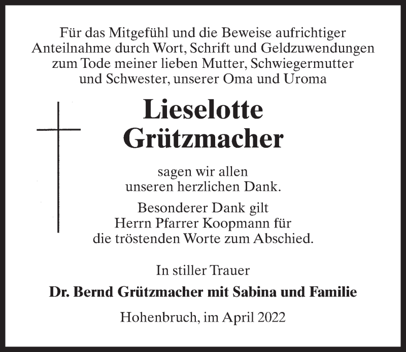  Traueranzeige für Lieselotte Grützmacher vom 23.04.2022 aus Märkischen Allgemeine Zeitung
