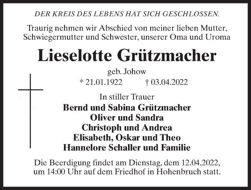  Traueranzeige für Lieselotte Grützmacher vom 09.04.2022 aus Märkischen Allgemeine Zeitung