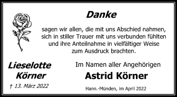 Traueranzeige von Lieselotte Körner von Göttinger Tageblatt