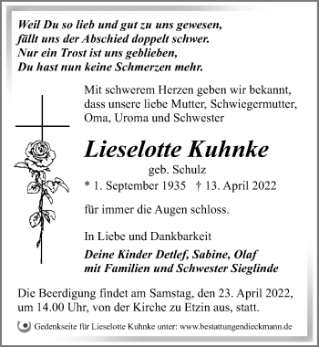 Traueranzeige von Lieselotte Kuhnke von Märkischen Allgemeine Zeitung
