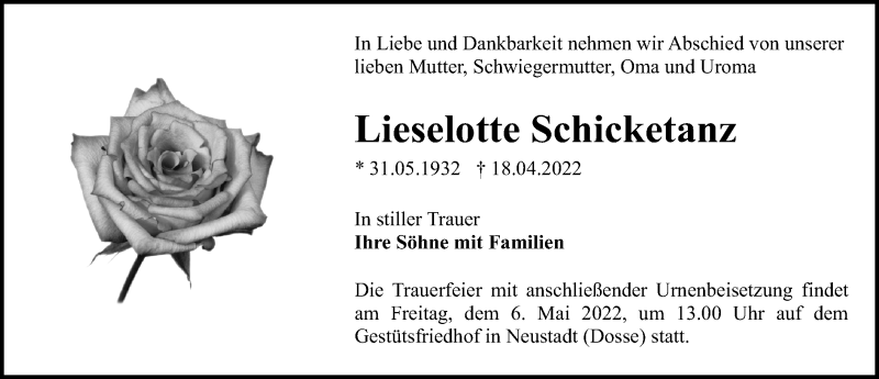  Traueranzeige für Lieselotte Schicketanz vom 23.04.2022 aus Märkischen Allgemeine Zeitung
