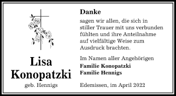 Traueranzeige von Lisa Konopatzki von Peiner Allgemeine Zeitung