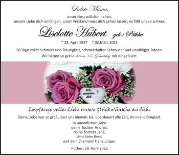 Traueranzeige von Liselotte Hubert von Ostsee-Zeitung GmbH