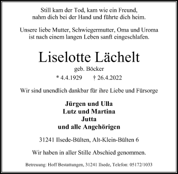 Traueranzeige von Liselotte Lächelt von Peiner Allgemeine Zeitung