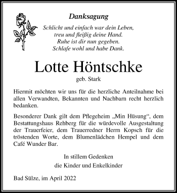 Traueranzeige von Lotte Höntschke von Ostsee-Zeitung GmbH