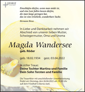 Traueranzeige von Magda Wandersee von Leipziger Volkszeitung