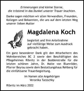 Traueranzeige von Magdalena Koch von Ostsee-Zeitung GmbH