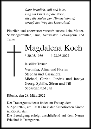 Traueranzeige von Magdalena Koch von Ostsee-Zeitung GmbH