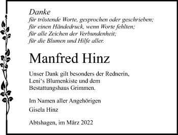 Traueranzeige von Manfred Hinz von Ostsee-Zeitung GmbH