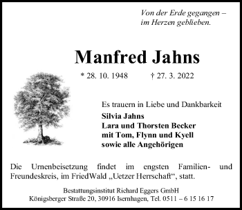 Traueranzeige von Manfred Jahns von Hannoversche Allgemeine Zeitung/Neue Presse