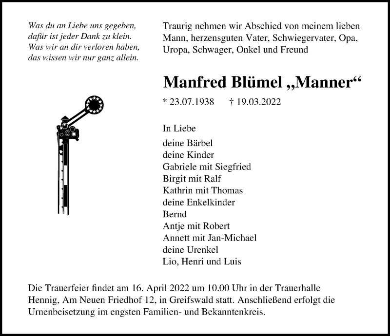  Traueranzeige für Manfred  Manner vom 02.04.2022 aus Ostsee-Zeitung GmbH