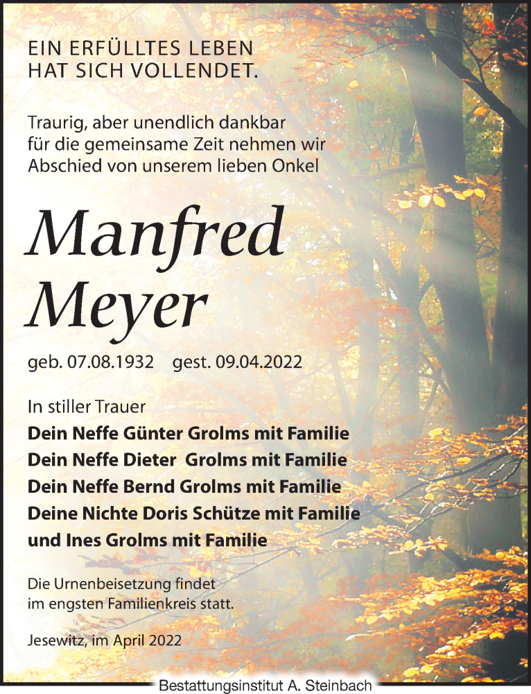 Traueranzeigen Von Manfred Meyer | Trauer-anzeigen.de