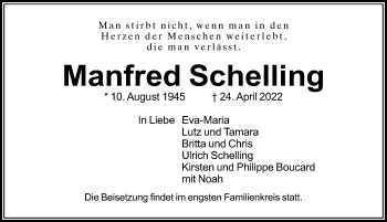 Traueranzeige von Manfred Schelling von Hannoversche Allgemeine Zeitung/Neue Presse