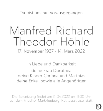 Traueranzeige von Manfred Richard Theodor Höhle von Leipziger Volkszeitung