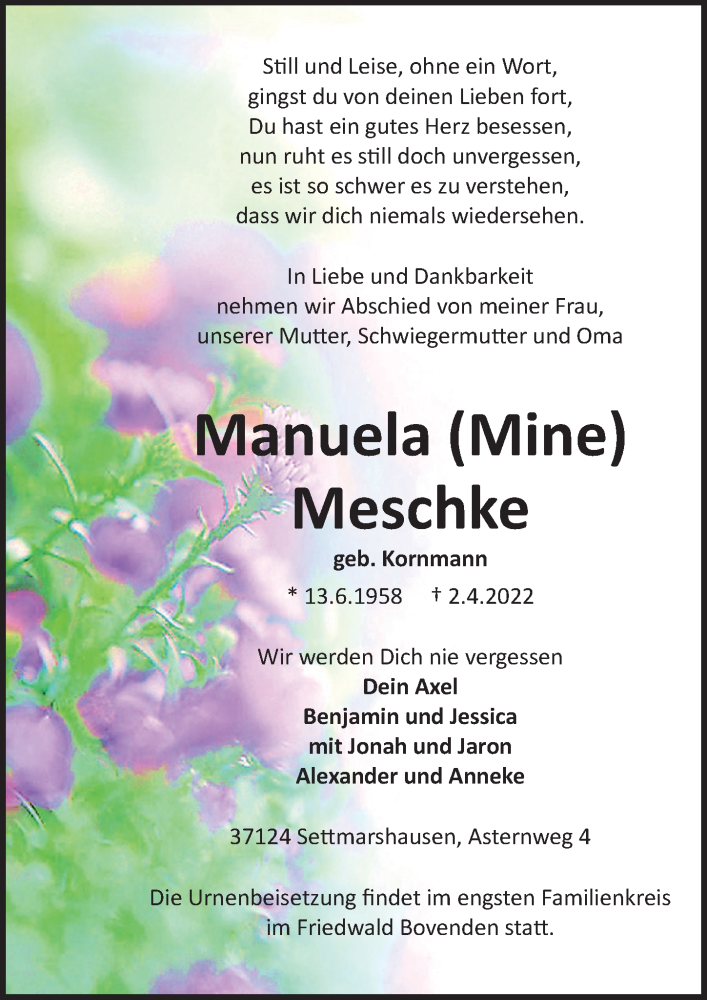  Traueranzeige für Manuela Meschke vom 09.04.2022 aus Göttinger Tageblatt