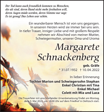 Traueranzeige von Margarete Schnackenberg von Leipziger Volkszeitung