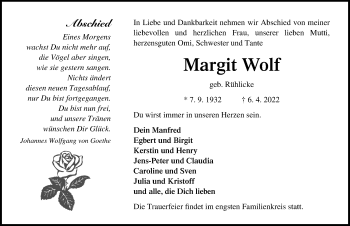 Traueranzeige von Margit Wolf von Märkischen Allgemeine Zeitung