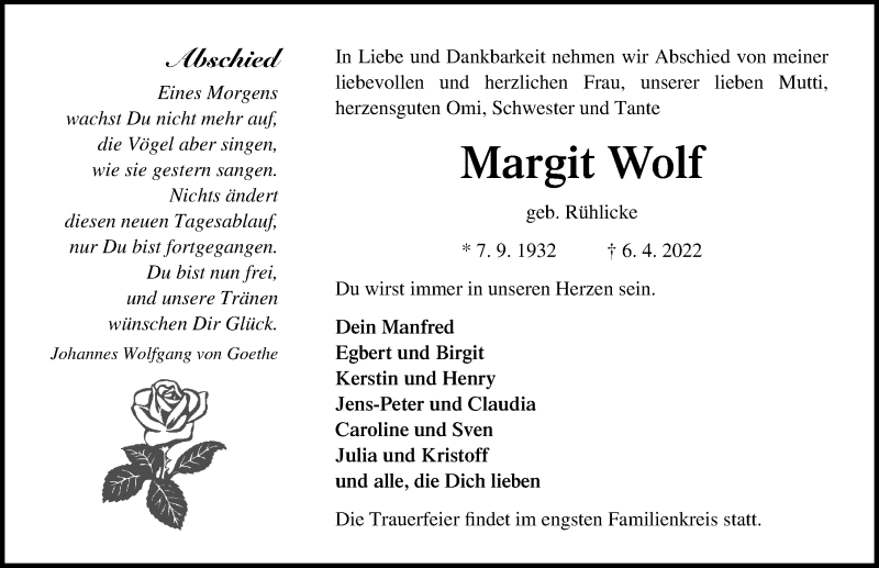  Traueranzeige für Margit Wolf vom 09.04.2022 aus Märkischen Allgemeine Zeitung