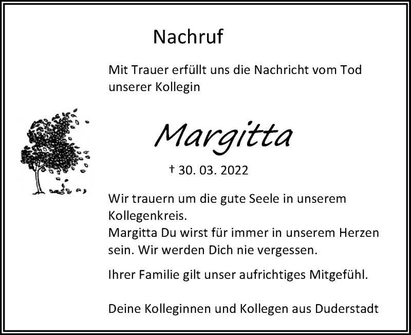  Traueranzeige für Margitta Schwarze vom 16.04.2022 aus Eichsfelder Tageblatt
