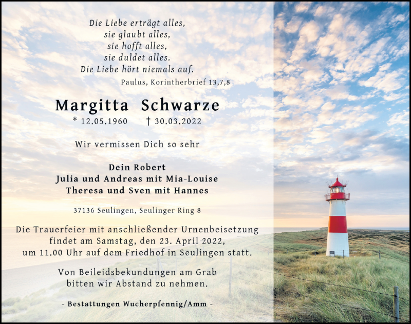  Traueranzeige für Margitta Schwarze vom 09.04.2022 aus Göttinger Tageblatt
