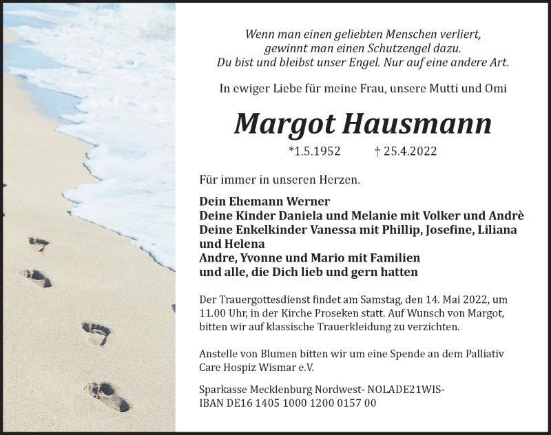  Traueranzeige für Margot Hausmann vom 30.04.2022 aus Ostsee-Zeitung GmbH
