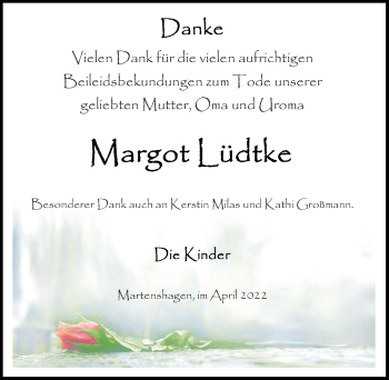 Traueranzeige von Margot Lüdtke von Ostsee-Zeitung GmbH