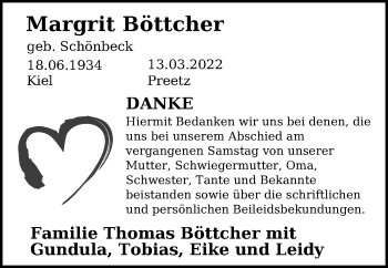 Traueranzeige von Margrit Böttcher von Kieler Nachrichten