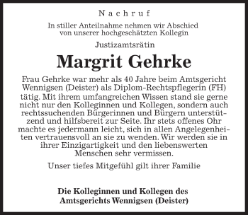 Traueranzeige von Margrit Gehrke von Hannoversche Allgemeine Zeitung/Neue Presse