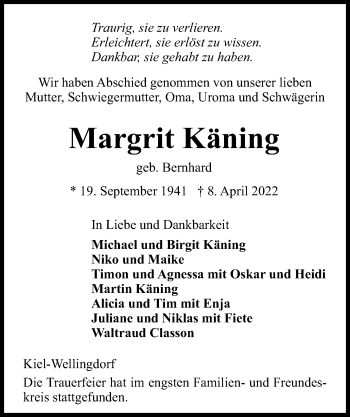 Traueranzeige von Margrit Käning von Kieler Nachrichten