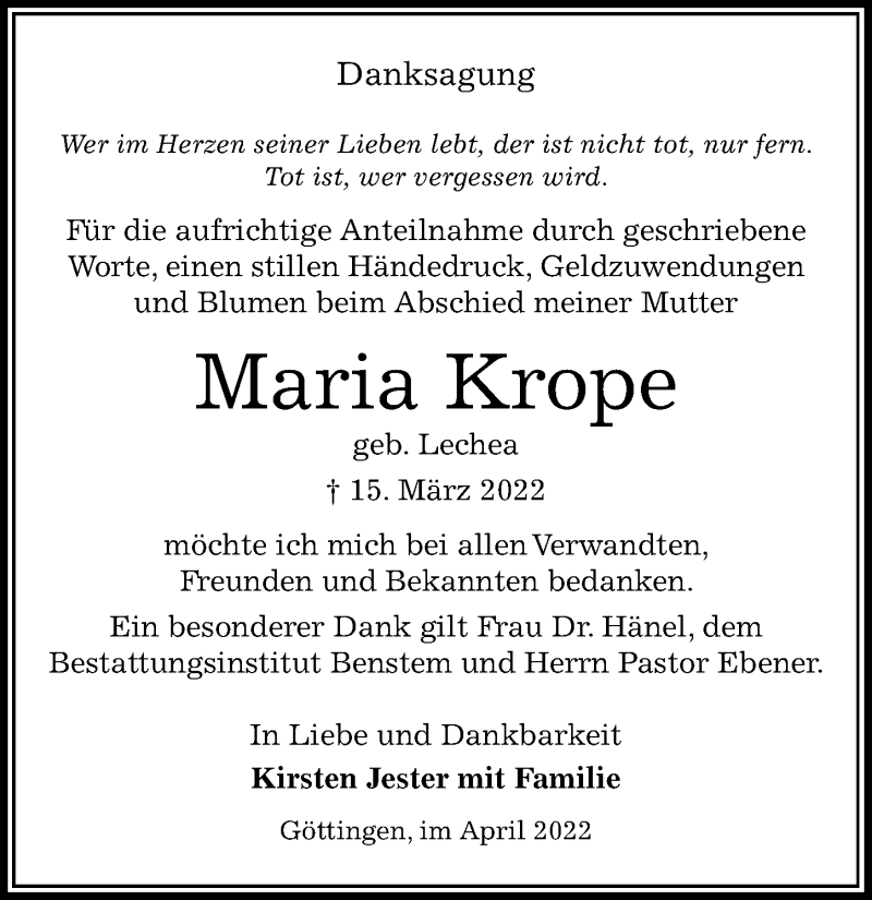  Traueranzeige für Maria Krope vom 09.04.2022 aus Göttinger Tageblatt