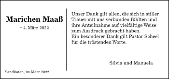 Traueranzeige von Marichen Maaß von Kieler Nachrichten