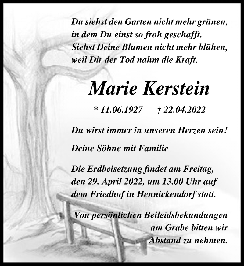  Traueranzeige für Marie Kerstein vom 27.04.2022 aus Märkischen Allgemeine Zeitung