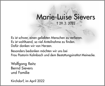 Traueranzeige von Marie-Luise Sievers von Hannoversche Allgemeine Zeitung/Neue Presse