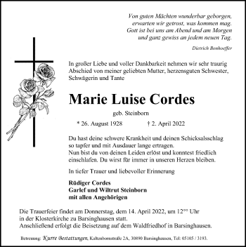 Traueranzeige von Marie Luise Cordes von Hannoversche Allgemeine Zeitung/Neue Presse